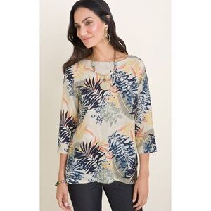 Chico's NWT No-Iron 100% Linen Palm-Print Side-Button Pullover Size XS botanical